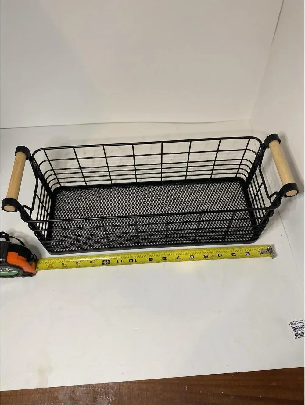 16” Black Wire Storage Basket Wood Handles Farmhouse Kitchen Pantry Organizer